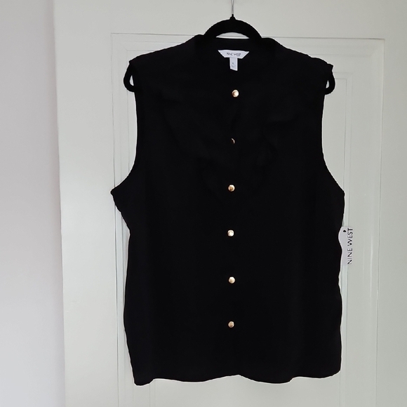 Nine West Tops - Nine West Black Sleeveless Top, Ruffle Neckline, Gold Snaps, Size XL, NWT